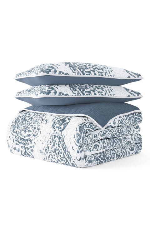 All Season Distressed Damask Reversible Down Alternative Quilt & Sham Set