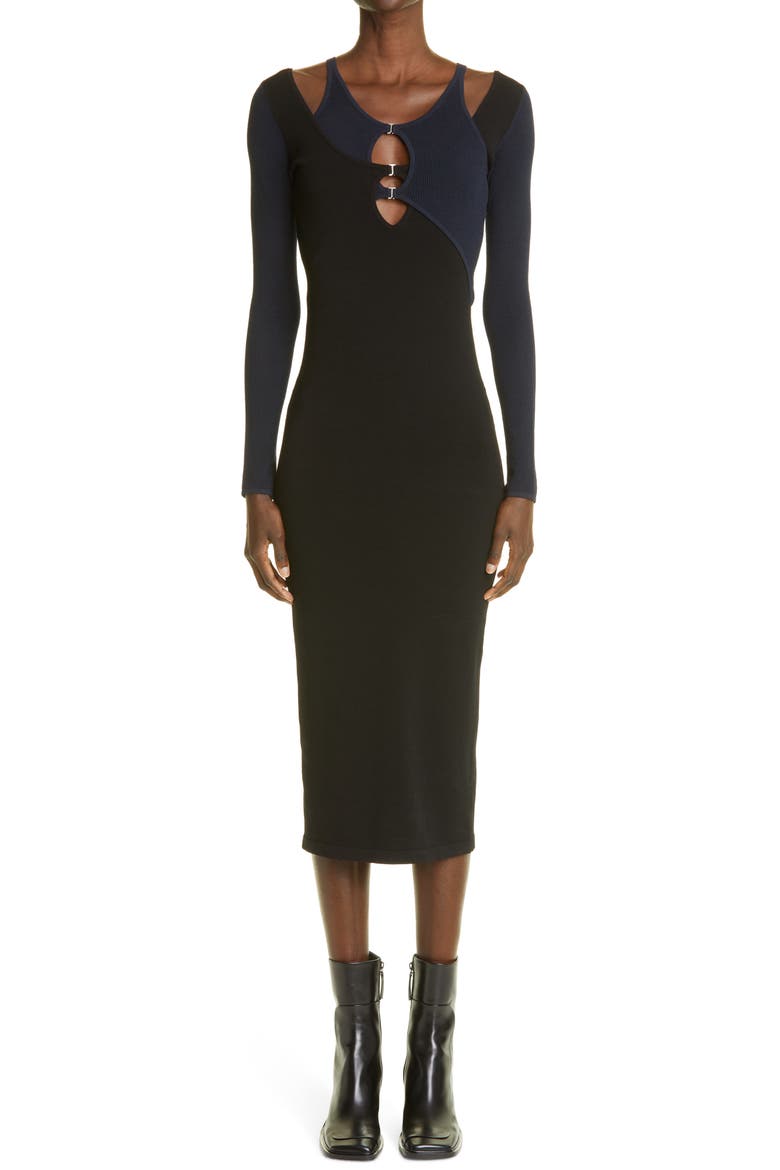E-Hook Overlay Long Sleeve Midi Dress, Main, color, BLACK/ NAVY