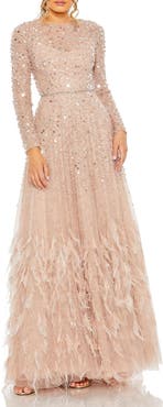 Mac Duggal Disc Embellished Sequin Gown with Feather Detail