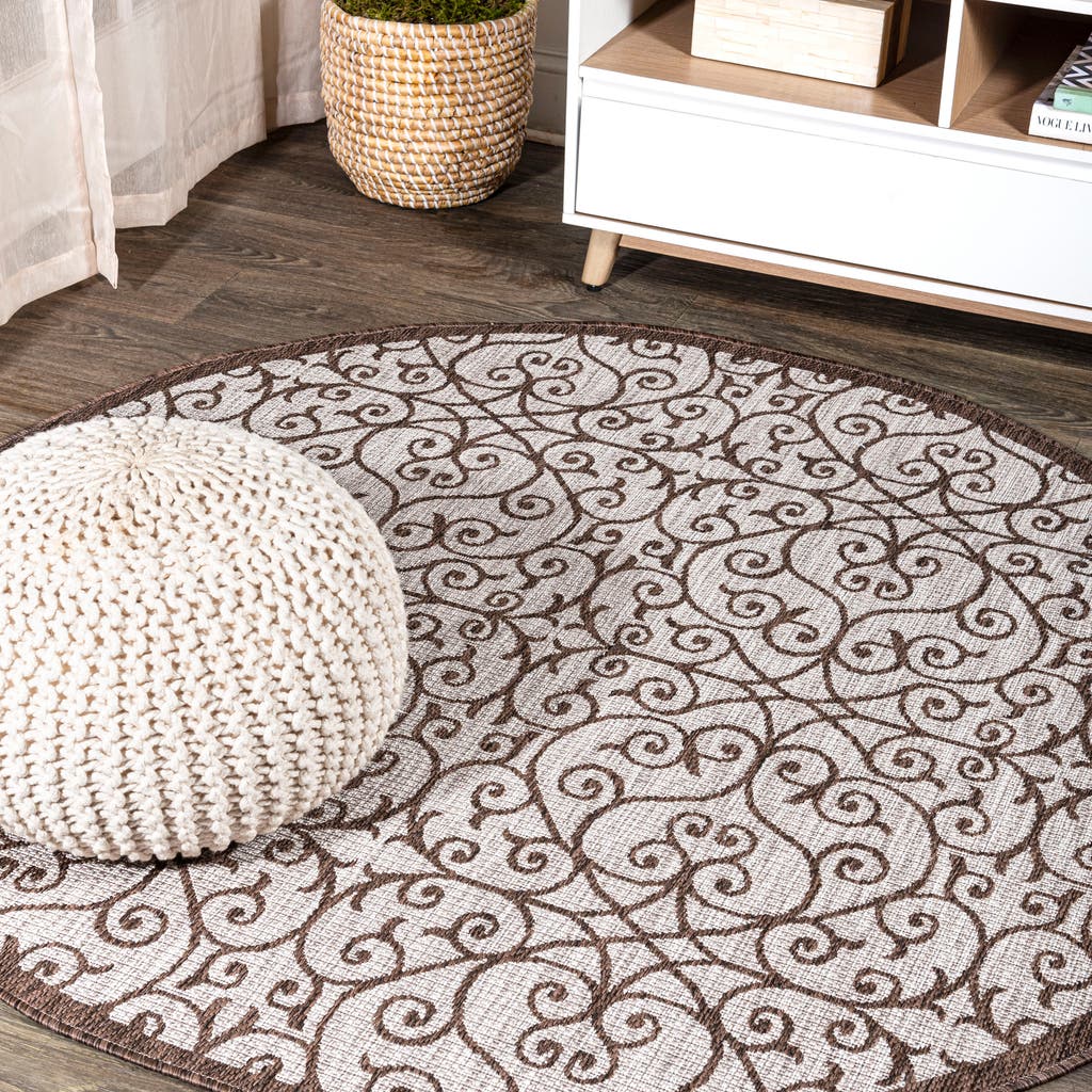 Jonathan Y Madrid Vintage Filigree Textured Weave Indoor/outdoor Round Area Rug In Taupe/espresso
