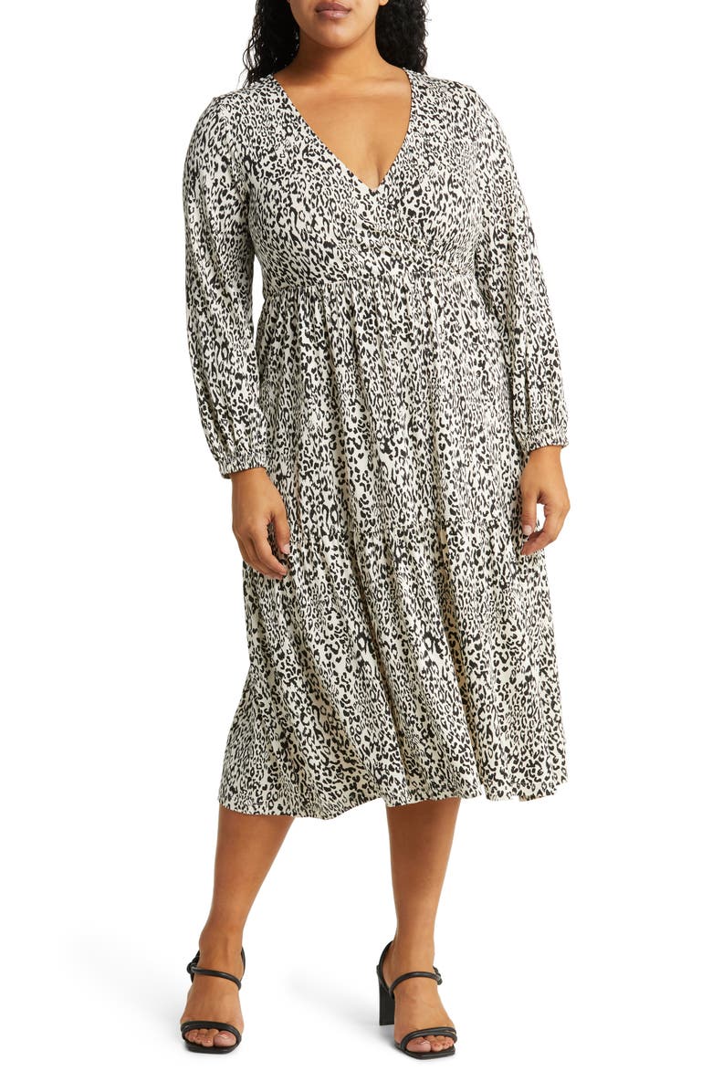 VERO MODA CURVE Emilie Long Sleeve Leopard Midi Dress, Main, color, 