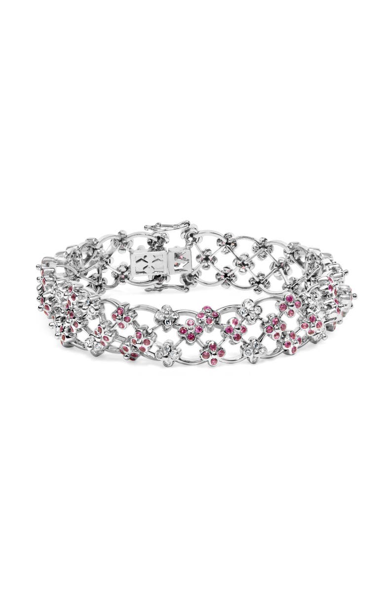 Haus of Brilliance 14K White Gold Pink Sapphire and Diamond Floral Lattice Link Bracelet, Main, color, White