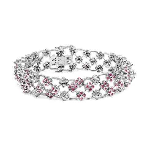 14K White Gold Pink Sapphire and Diamond Floral Lattice Link Bracelet