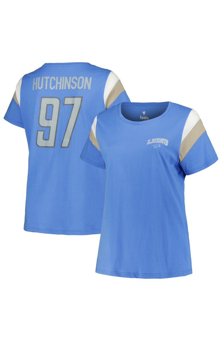 FANATICS Women's Fanatics Branded Aidan Hutchinson Blue Detroit Lions Plus Size Sleeve Stripe Name & Number T-Shirt, Main, color,