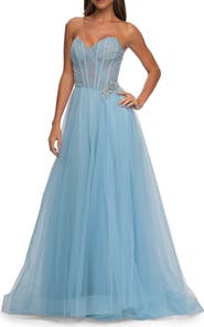 La Femme Strapless A-line Tulle Dress with Floral Waist Detail