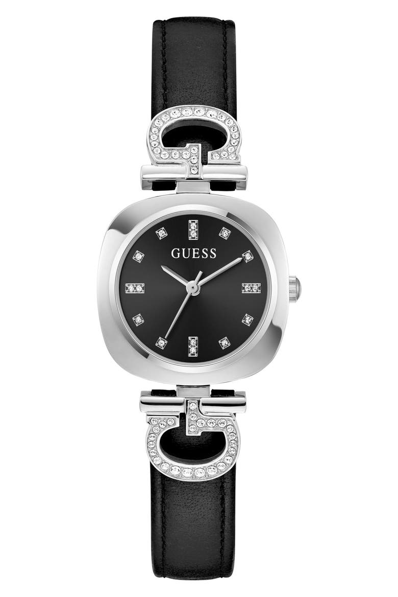 Crystal G-Logo Leather Strap Watch, 28mm, Main, color, BLACK
