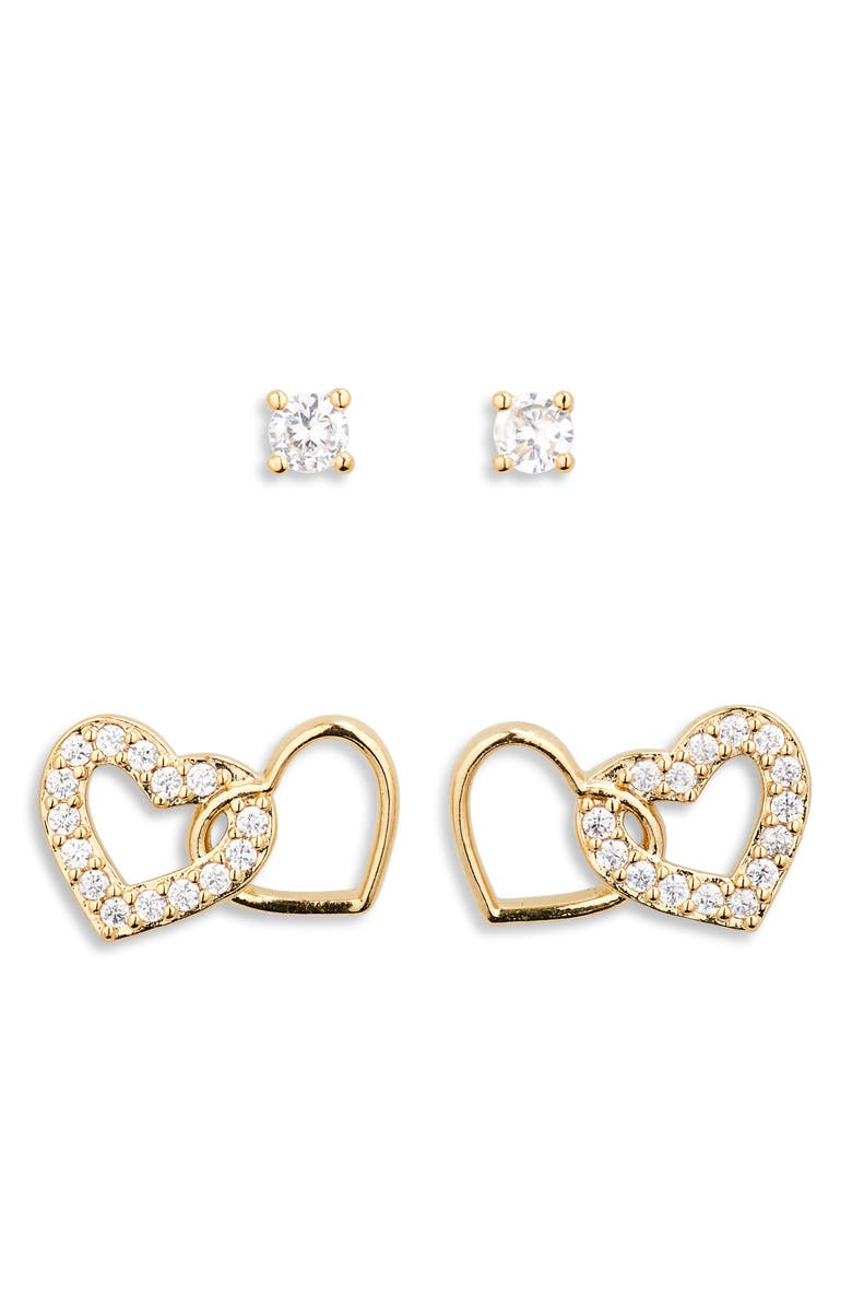 Nadri Sweethearts Set of 2 Cubic Zirconia Round & Heart Stud Earrings, Main, color, Gold