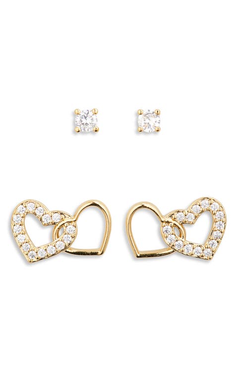 Sweethearts Set of 2 Cubic Zirconia Round & Heart Stud Earrings