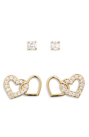 Nadri Sweethearts Set Of 2 Cubic Zirconia Round & Heart Stud Earrings In Gold