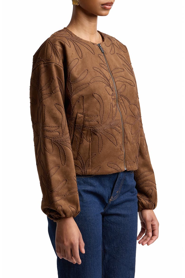 Leaf Embroidery Faux Suede Jacket, Alternate, color, MOCHA