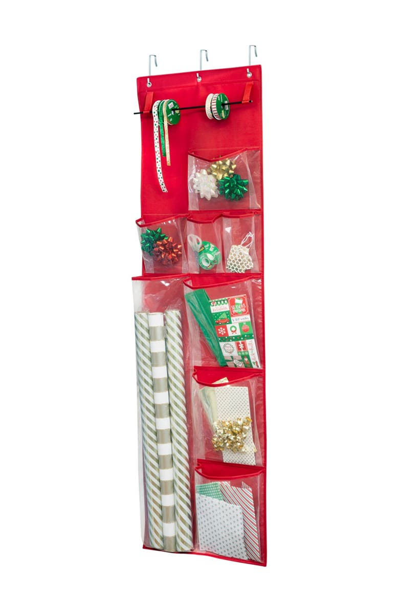 HONEY-CAN-DO Over the Door Holiday Wrapping Paper Organizer - Red, Main, color, 