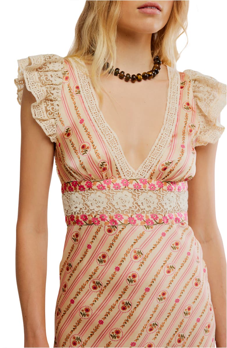 Free People Bali Belle Floral Ruffle Satin Midi Dress, Alternate, color, Soft Pink