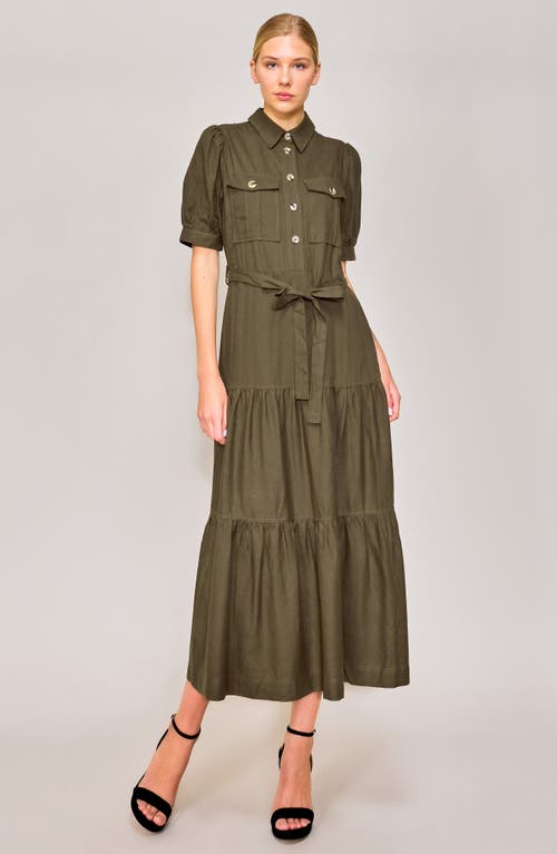 Melloday Puff Sleeve Linen Blend Maxi Shirtdress In Olive