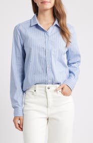 beachlunchlounge Lynden Embellished Stripe Cotton Blend Button-Up Shirt