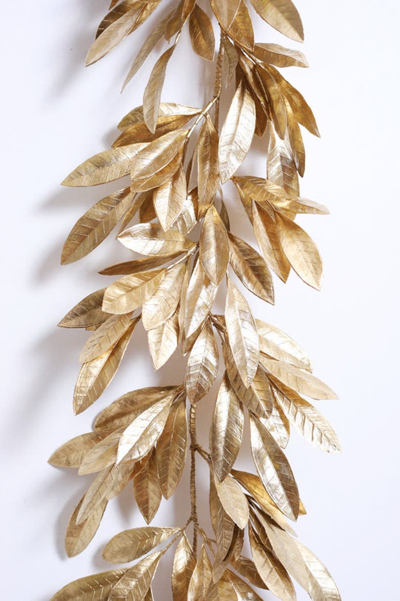 Antiqued Gold Bay Leaf Christmas Holiday Front Door Garland Table Runner, Alternate, color, Metallic Gold