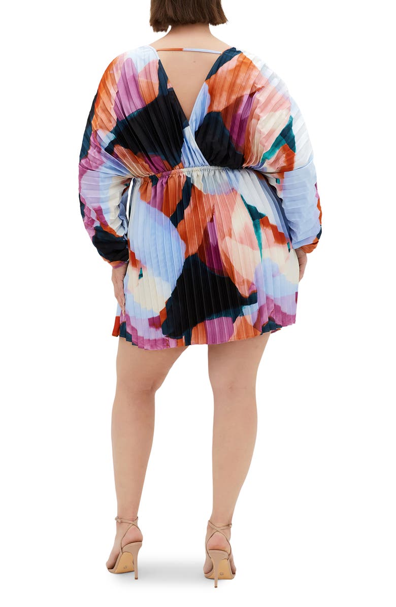 City Chic Chloe Print Pleated Long Sleeve Satin Minidress, Alternate, color, Aspect