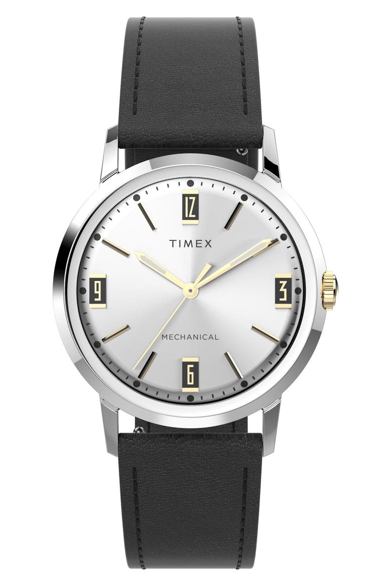 Marlin Mechanical Leather Strap Watch, 34mm, Main, color, SILVER/ SILVER/ BLACK
