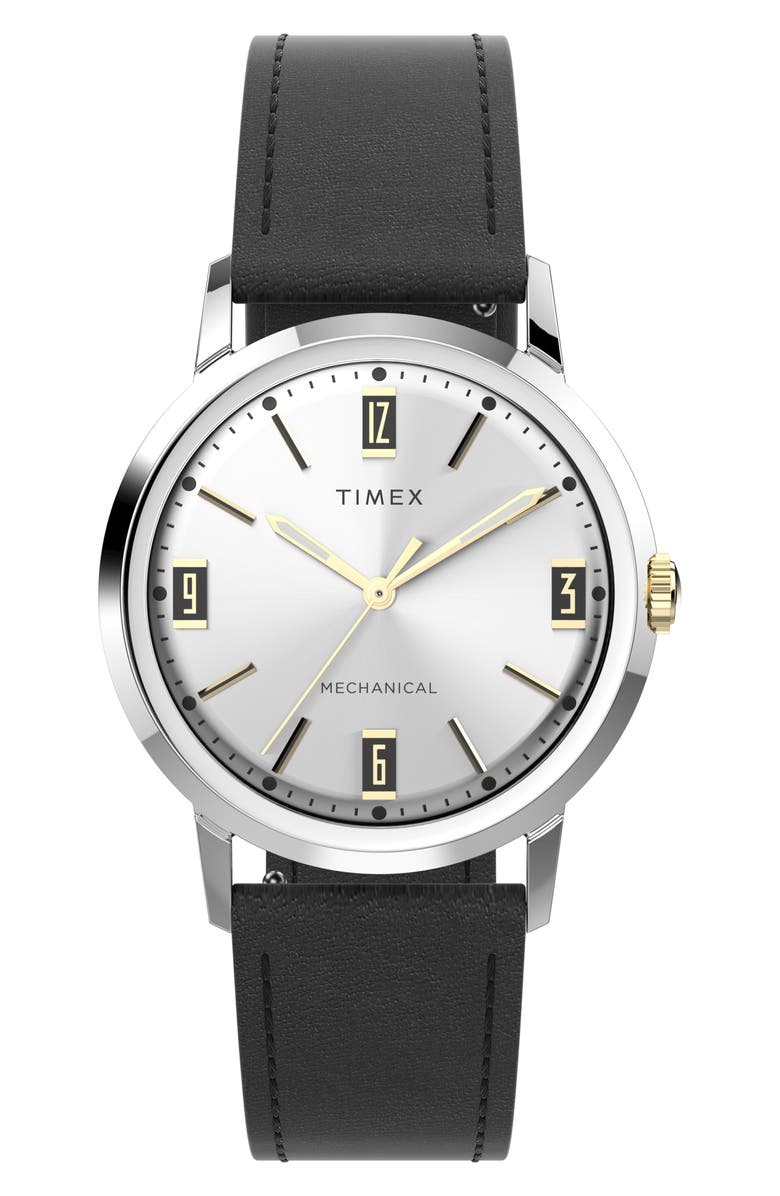 Timex<sup>®</sup> Marlin Mechanical Leather Strap Watch, 34mm, Main, color, 