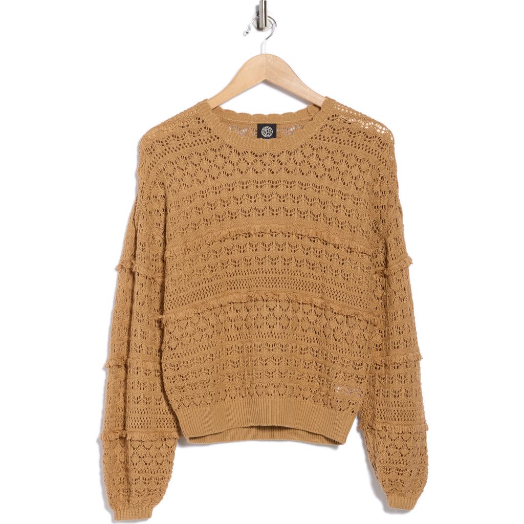 Bobeau Pointelle Fringe Open Knit Sweater In Brown