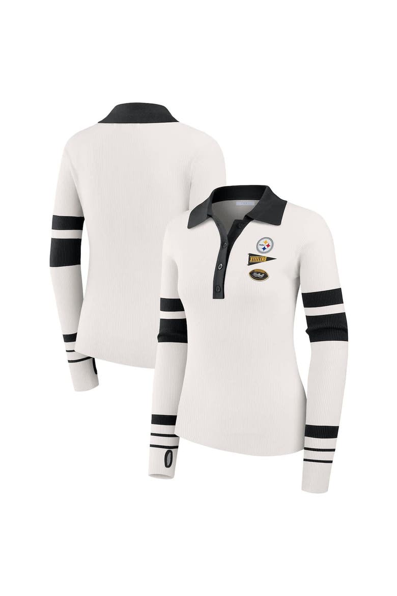 Women's WEAR by Erin Andrews White Pittsburgh Steelers Ribbed Henley Polo Sweater, Alternate, color, White