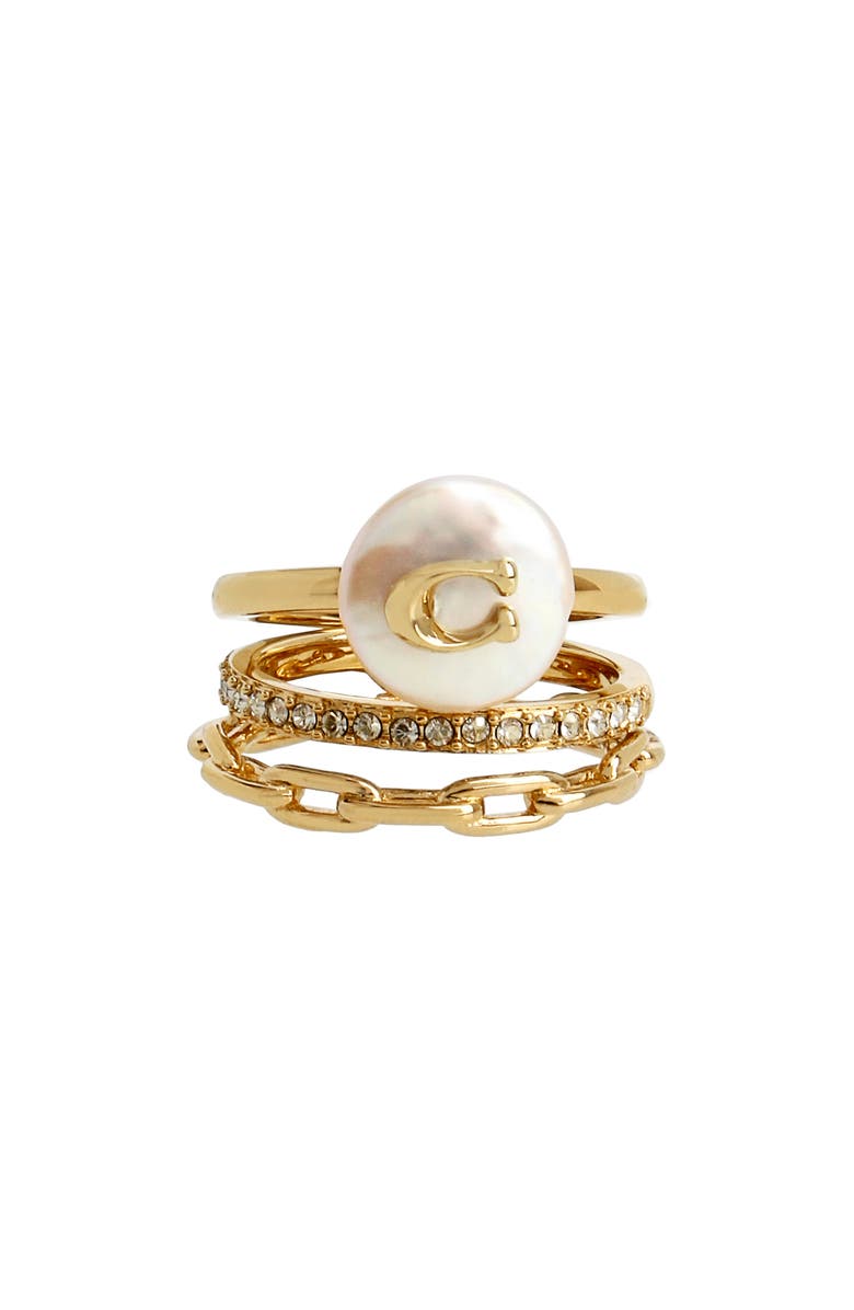 COACH Set of 3 Logo Pearl, Crystal & Chain Rings, Main, color, 