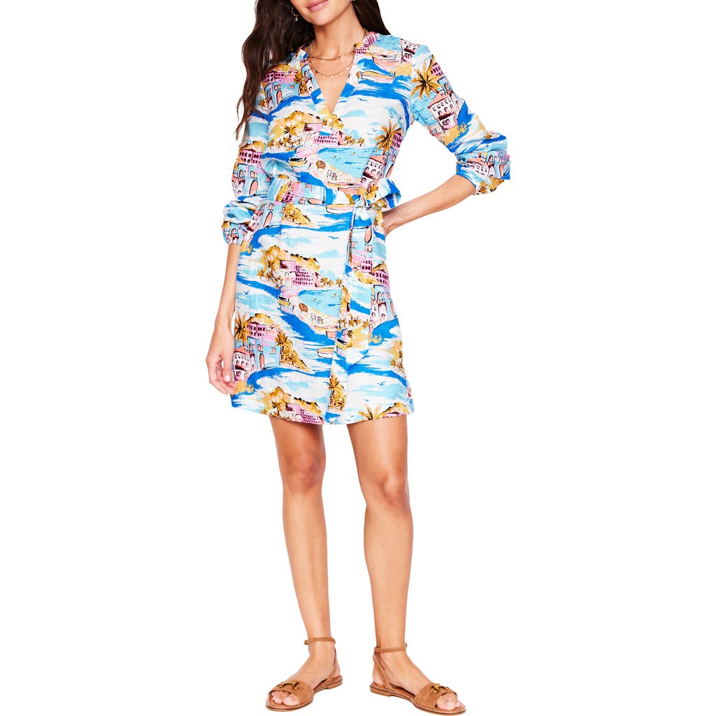 Boden Cleo Print Long Sleeve Belted Linen Shift Dress In Blue