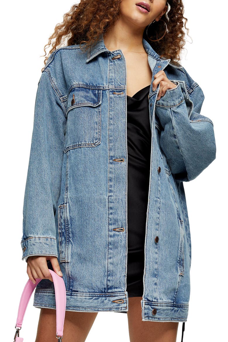 Oversize Long Denim Jacket, Main, color, MID DENIM