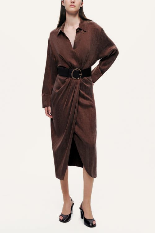 Nocturne Belted Draped Shirt-collar Maxi Dress In Brown