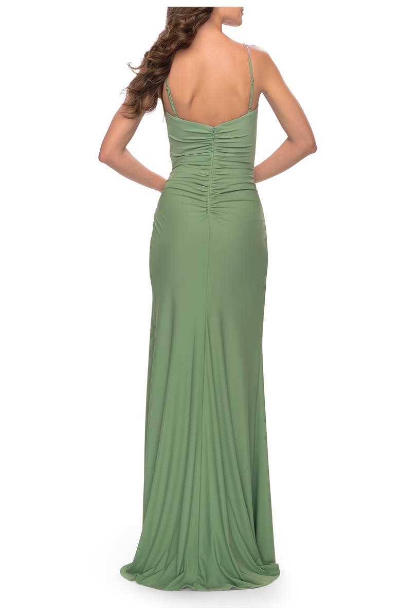 La Femme Long Ruched Jersey Gown with V-Neckline, Alternate, color, Sage