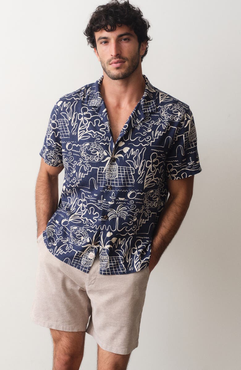 Marine Layer Island Motif Linen Blend Camp Shirt, Alternate, color, Navy/ White Island Motif