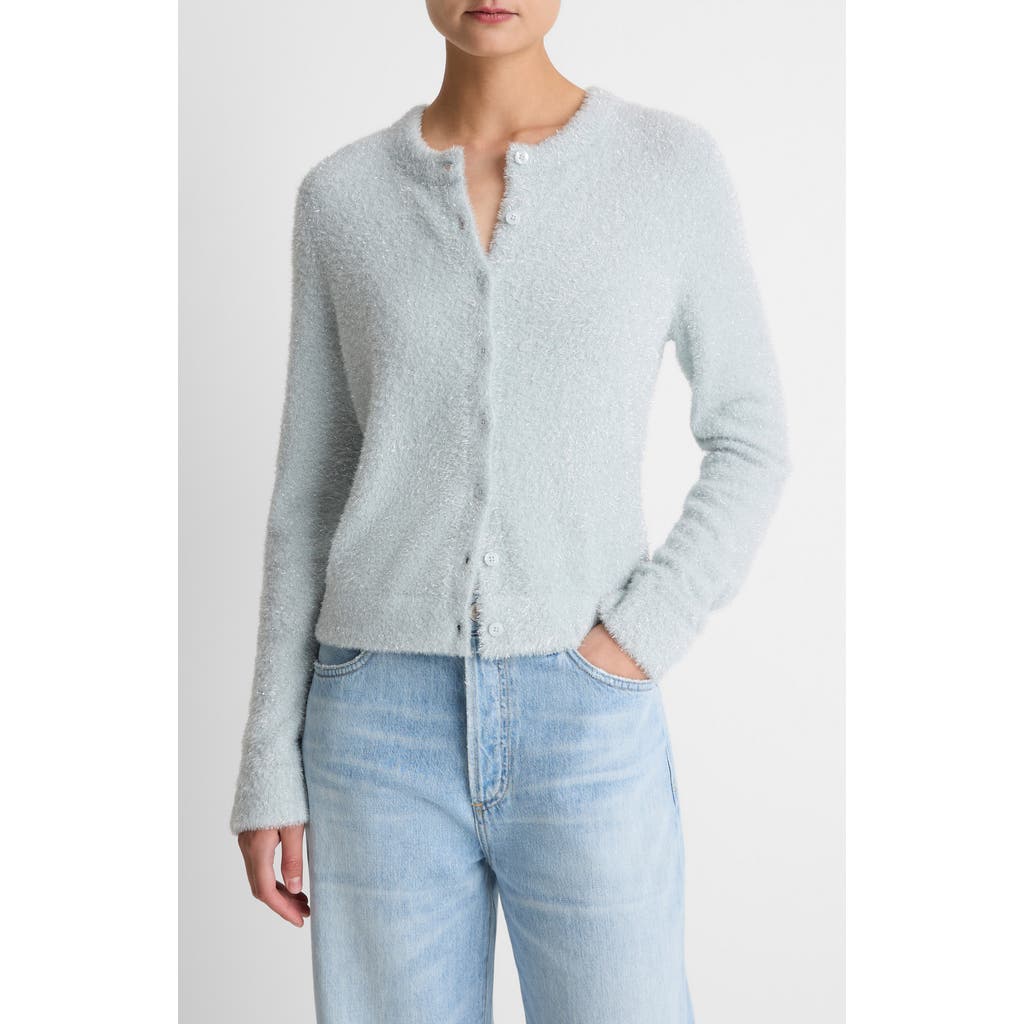 Vince Metallic Eyelash Cardigan In Blue