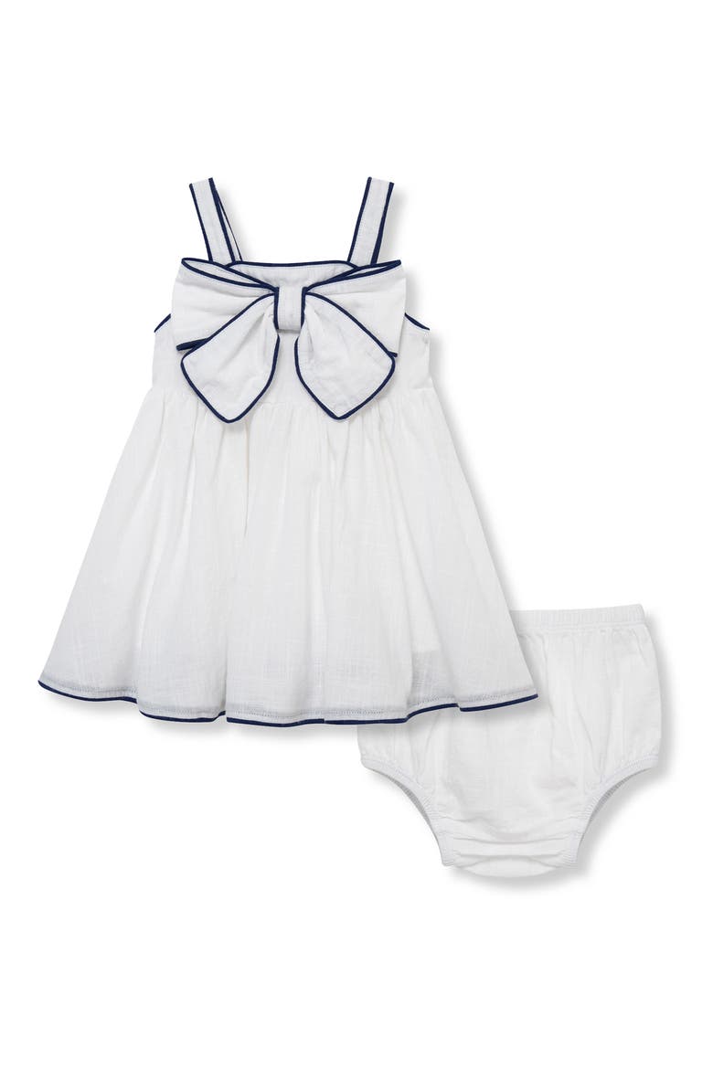 Piped Bow Front Cotton Dress with Bloomers, Main, color, WHITE