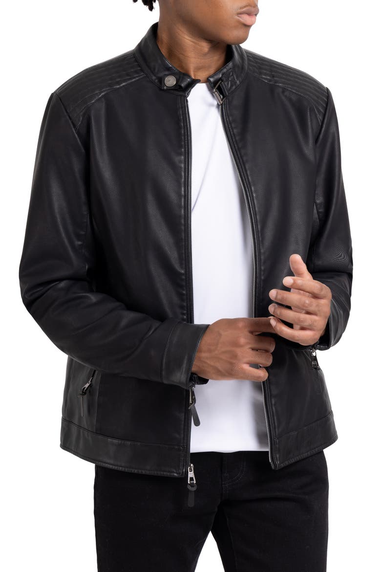 Faux Leather Racing Jacket, Alternate, color, BLACK