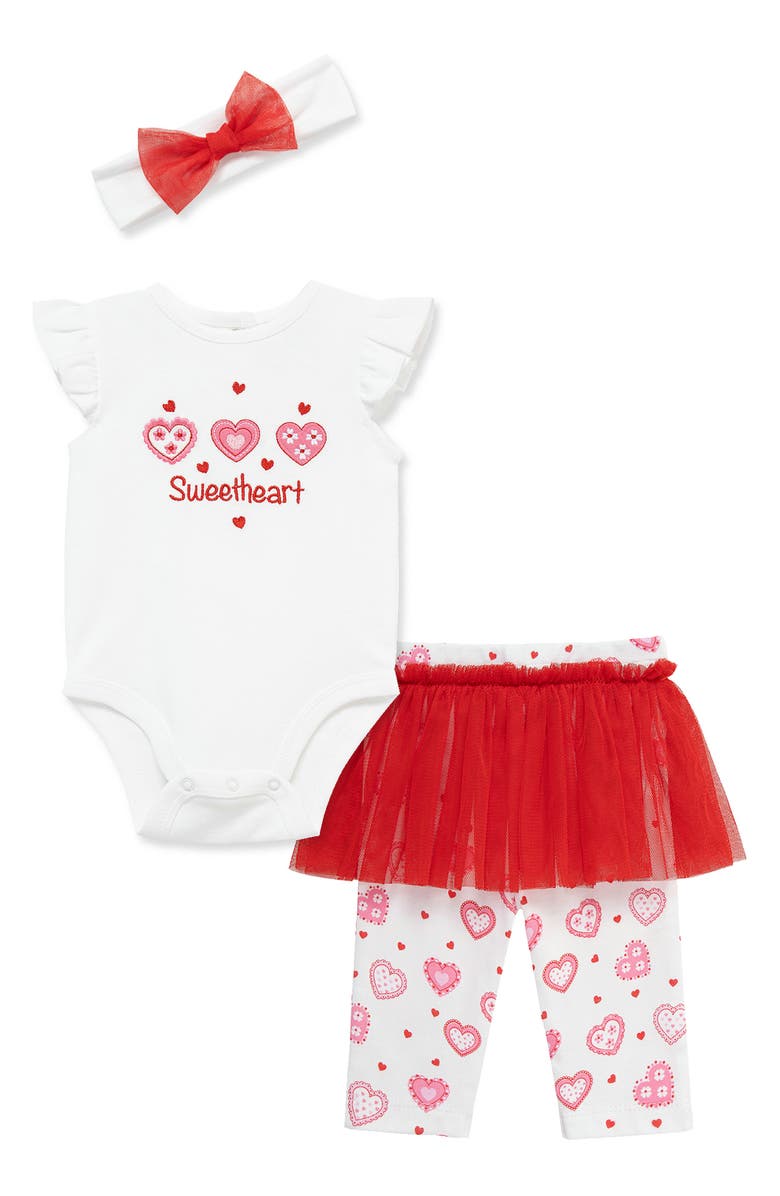 Little Me Sweetheart Embroidered Bodysuit, Tutu Leggings & Headband Set, Main, color, Red