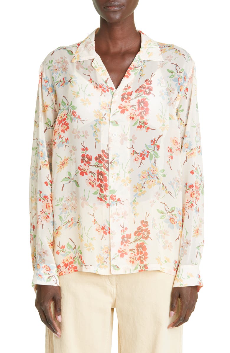 Bode Flowering Crabapple Sheer Long Sleeve Silk Button-Up Shirt, Main, color,