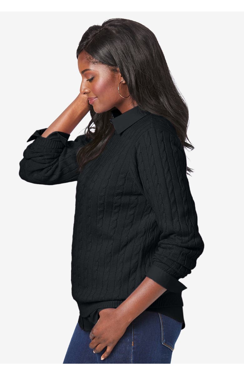 Jessica London Cable Crewneck Sweater, Alternate, color, Black