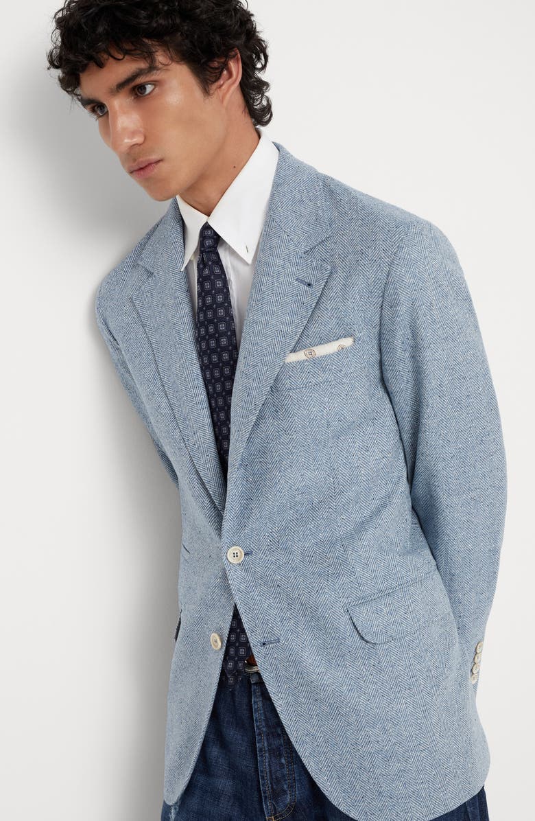 Brunello Cucinelli Flecked wool, silk and cashmere comfort chevron deconstructed blazer, Alternate, color, 
