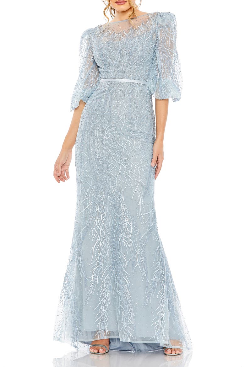 Embroidered Beaded Boat Neck Gown with Illusion Puff Sleeves, Main, color, Ice Blue