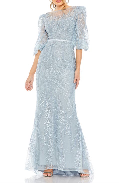 Embroidered Beaded Boat Neck Gown with Illusion Puff Sleeves