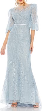 Mac Duggal Embroidered Beaded Boat Neck Gown with Illusion Puff Sleeves