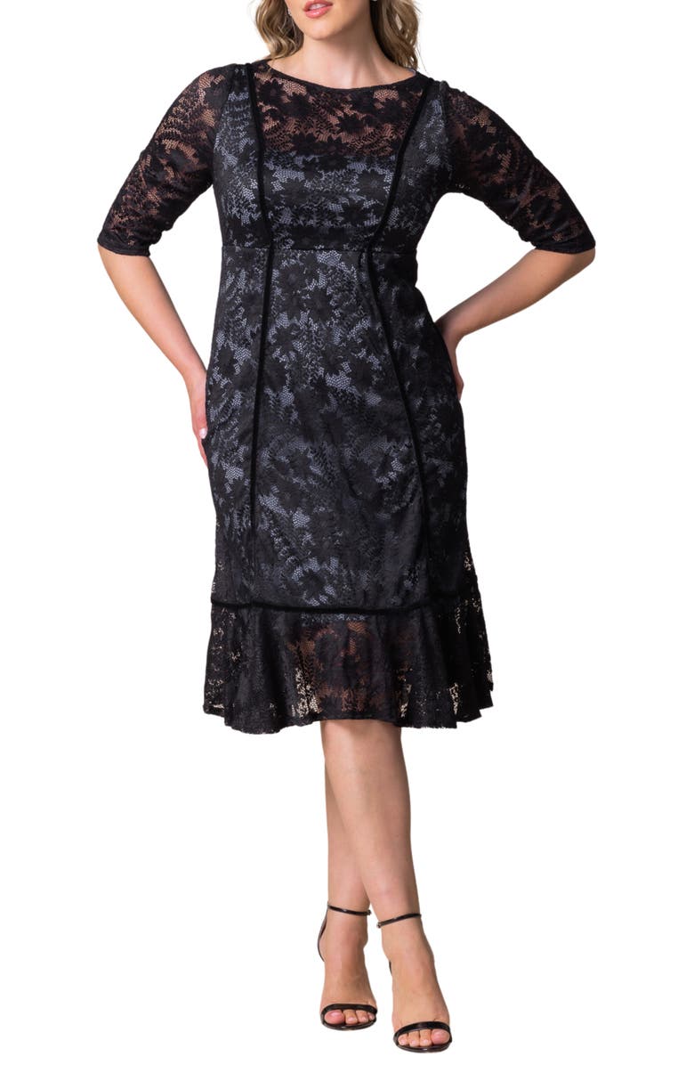 Kiyonna Hampton Lace Ruffle Hem Cocktail Dress, Main, color, Shadowed Stream