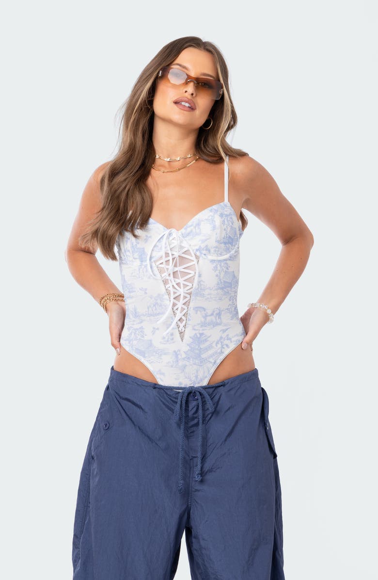 EDIKTED Delft Print Cupped Lace-Up Bodysuit, Alternate, color,