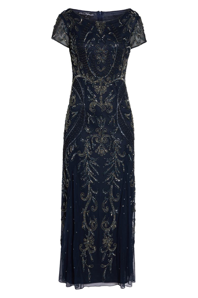 Embellished Mesh Gown, Alternate, color, NAVY