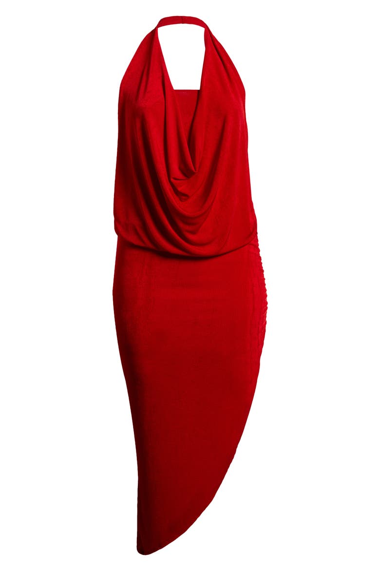 Cowl Neck Asymmetric Hem Stretch Dress, Alternate, color, RED