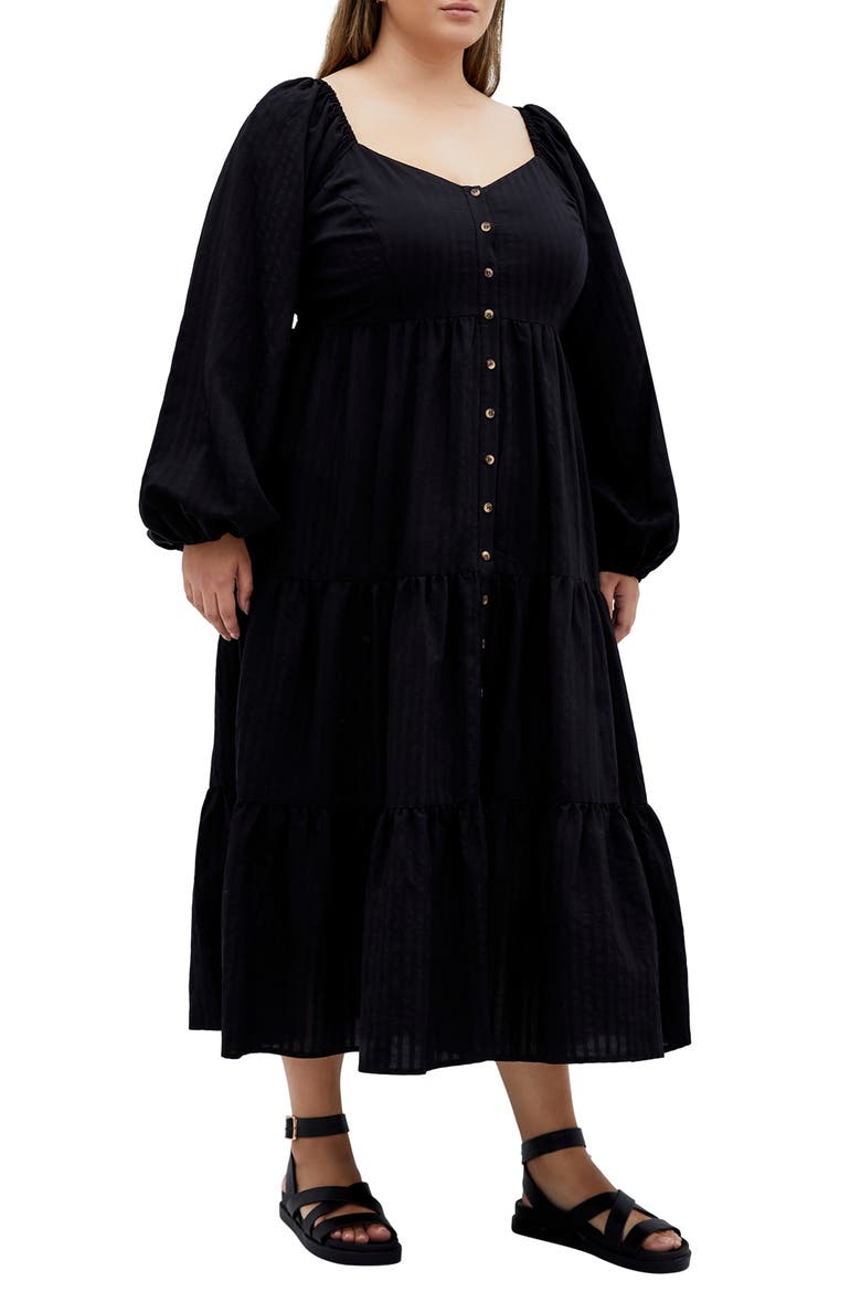 Portia Button-Front Long Sleeve Midi Dress, Alternate, color, BLACK