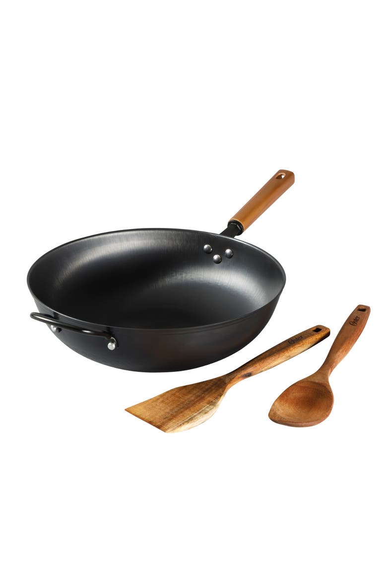 Dunwood 3-Piece 13.8 in PFAS-Free Carbon Steel Wok Set with Wooden Tools, Alternate, color, Silver