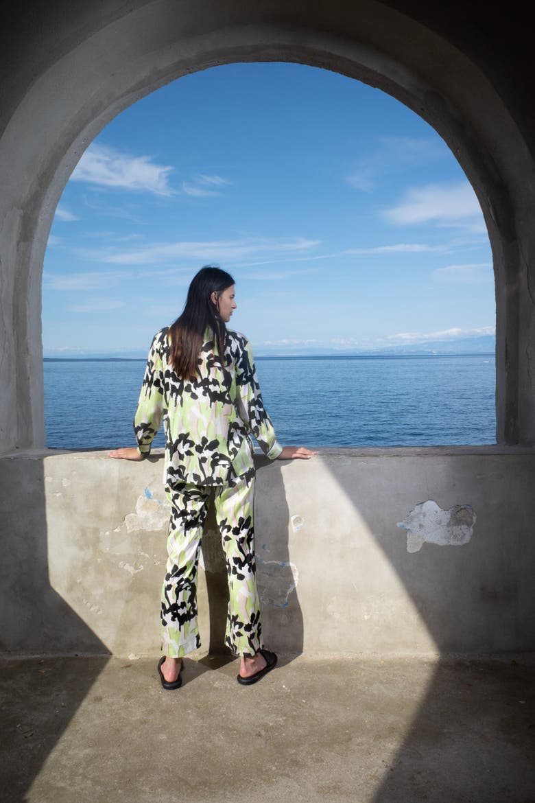 Manifest Printed Button-up Silky Shirt, Alternate, color, Iris