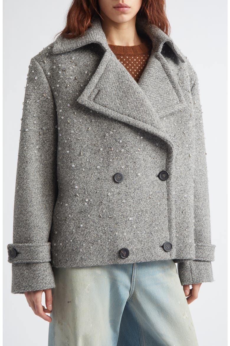 Crystal Embellished Wool Short Trench Coat, Alternate, color, MELANGE GREY