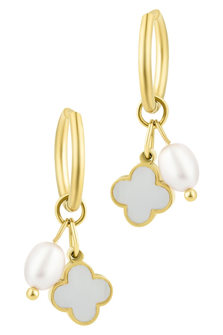 Freshwater Pearl & Clover Hoop Earrings, Alternate, color, WHITE