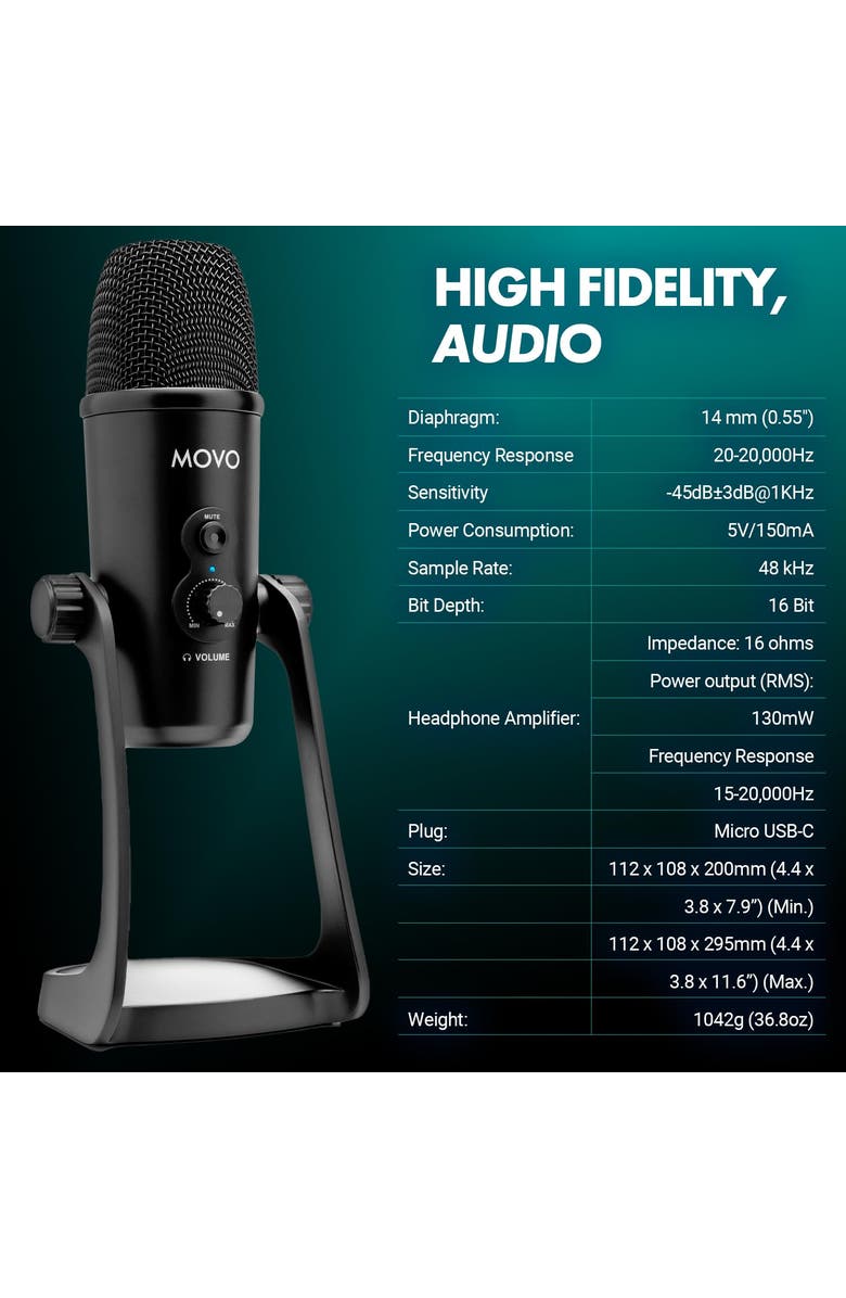 MOVO UM700 Desktop Studio USB Microphone with Stereo, Cardioid, Omnidirectional, and Bi-Directional Polar Patterns, Alternate, color, Black